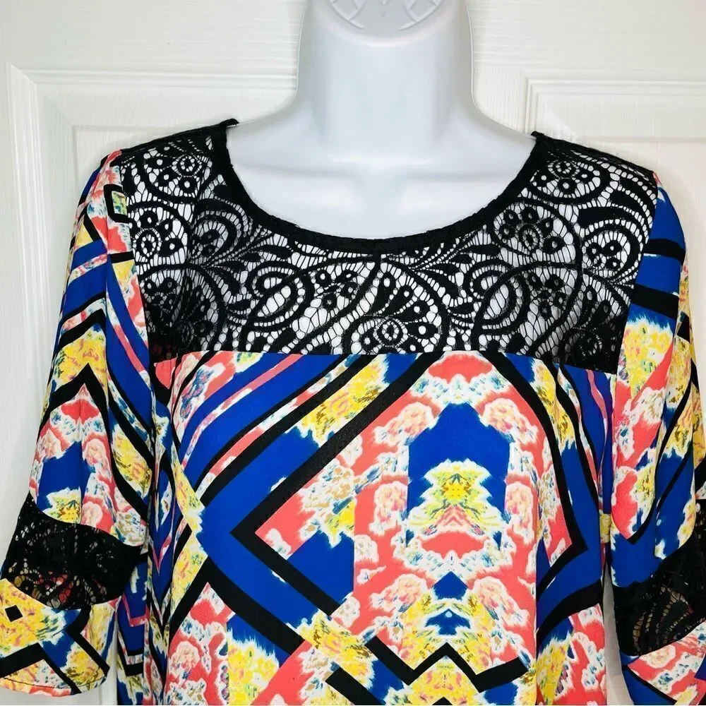 Socialite Watercolor Floral Geometric Black Lace Yoke Mini Dress Royal Blue S